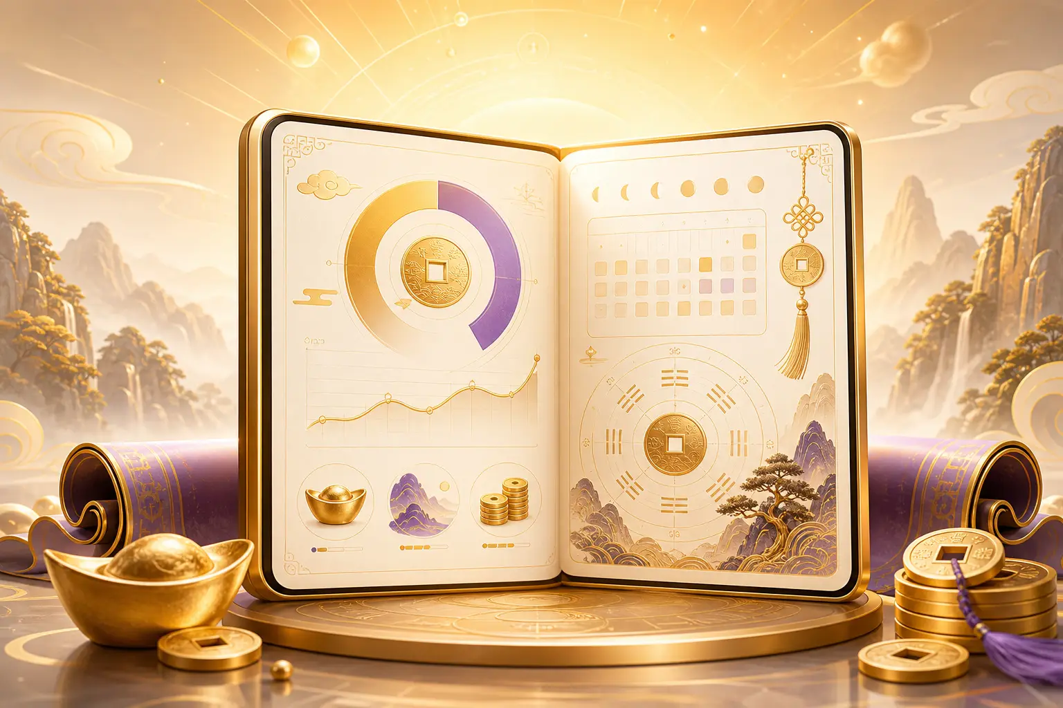 2026년 유년 재물운 리포트 메인 비주얼: 금색 리포트, 재물 차트, 개운 요소